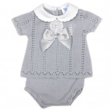 MC706-Grey: Baby Bow & Lace Knitted 2 Piece Set (0-9 Months)