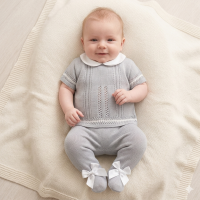 MC726-Grey: Baby Double Bow Knitted 2 Piece Set (0-9 Months)