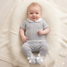 MC726-Grey: Baby Double Bow Knitted 2 Piece Set (0-9 Months)