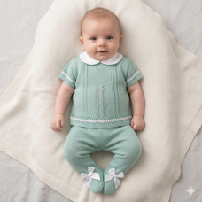 MC726-Sage: Baby Double Bow Knitted 2 Piece Set (0-9 Months)