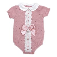 MC744-Dusky Pink: Baby Knitted Romper With Bow & Lace (0-9 Months)