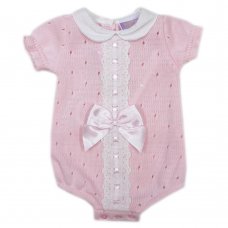 MC744-Pink: Baby Knitted Romper With Bow & Lace (0-9 Months)