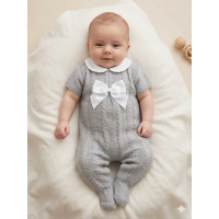 MC767-Grey: Baby Short Sleeve Knitted All In One With Bow (0-9 Months)