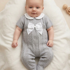 MC767-Grey: Baby Short Sleeve Knitted All In One With Bow (0-9 Months)