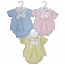 MC776-Sky: Baby Knitted 2 Piece Set With Bow (0-9 Months)