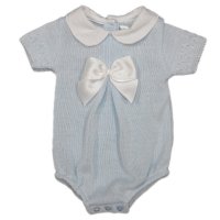 MC779-Sky: Baby Knitted Romper With Bow (0-9 Months)