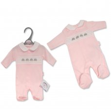 PB-20-654: Premature Baby Girls Sleepsuit with Smocking and Bow - Elephant
