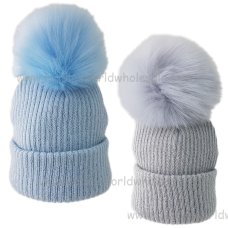 KIDS6086-2: Baby Boys Rib Knit Fur Pom Pom Hat (6-12Months)