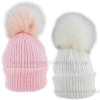 KIDS6087-1: Baby Girls Rib Knit Fur Pom Pom Hat (0-6 Months)