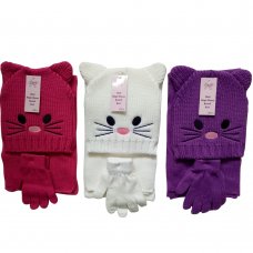 AT402: Girls Cat Face Hat, Scarf & Gloves Set