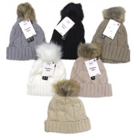 AT516: Girls Fur Pom Pom Chunky Knit Hat With Plush Fleece Lining