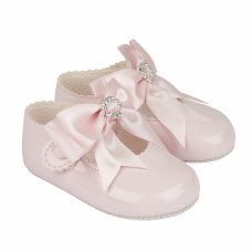 B060: Baby Girls Bow & Diamante Soft Soled Shoe-Pink (Shoe Sizes: 0-3)