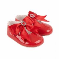 B060: Baby Girls Bow & Diamante Soft Soled Shoe-Red (Shoe Sizes: 0-3)