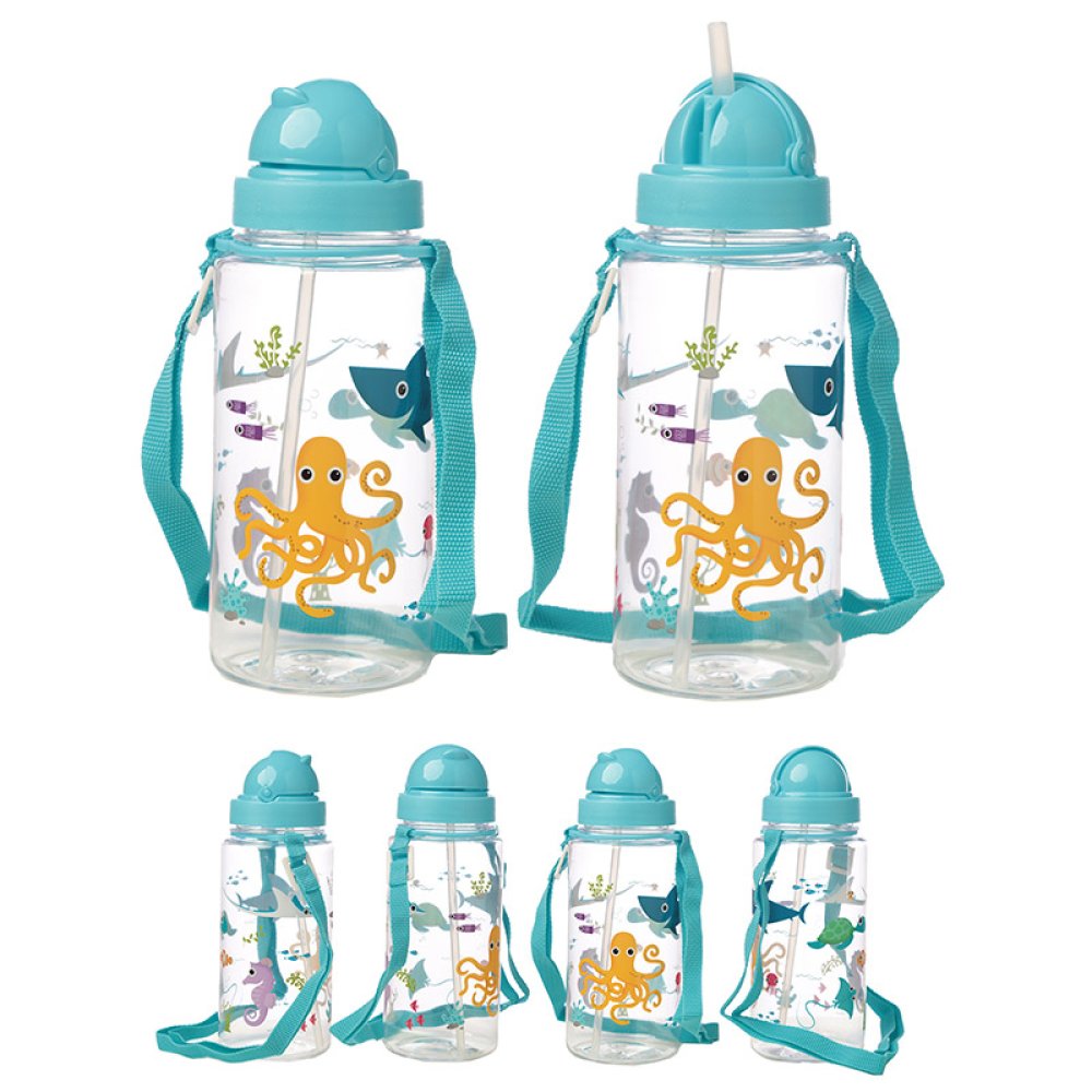BOT29: 450ml Childrens Water Bottle with Straw & String- Sealife BOT29: 450ml Childrens Water Bottle with Straw & String- Sealife