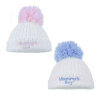 H498-M: Cable Knit Hat w/Emb & Pom Pom (0-12m)