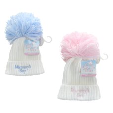 H498-M: Cable Knit Hat w/Emb & Pom Pom (0-12m)