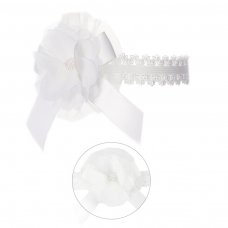 HB45-W: White Lace Headband w/Lace Flower & Bow w/Gem