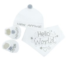 HBB254-W: White Bib, Hat & Bootee Set