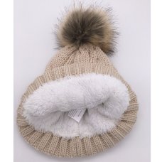 AT516: Girls Fur Pom Pom Chunky Knit Hat With Plush Fleece Lining