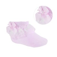 S115-P: Pink Lace Socks w/Flower Trim & Bow (NB-18 Months)