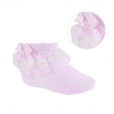 S115-P: Pink Lace Socks w/Flower Trim & Bow (NB-18 Months)