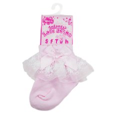 S115-P: Pink Lace Socks w/Flower Trim & Bow (NB-18 Months)