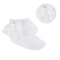 S115-W: White Lace Socks w/Flower Trim & Bow (NB-18 Months)