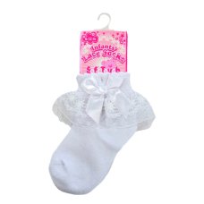 S115-W: White Lace Socks w/Flower Trim & Bow (NB-18 Months)