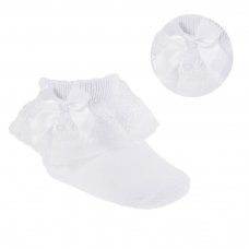 S115-W: White Lace Socks w/Flower Trim & Bow (NB-18 Months)