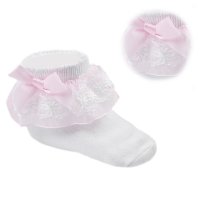 S115-WP: White Lace Socks w/Pink Flower Trim & Bow (NB-18 Months)