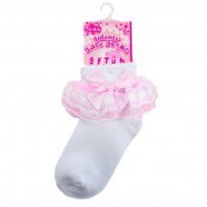 S115-WP: White Lace Socks w/Pink Flower Trim & Bow (NB-18 Months)
