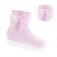 S123-P: Pink Ankle Socks w/Large Bow (0-24 Months)