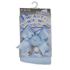 T41-B: Plain Blue Tights with Bow & Pom Pom (NB-24 Months)