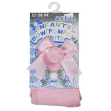 T41-P: Plain Pink Tights with Bow & Pom Pom (NB-24 Months)