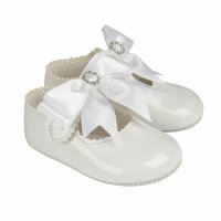 B060: Baby Girls Bow & Diamante Soft Soled Shoe-White (Shoe Sizes: 0-3)
