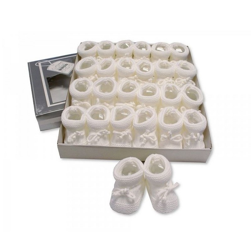 BSS-116-359W: Knitted Tie-Up Baby Bootees - White (0-3 Months)