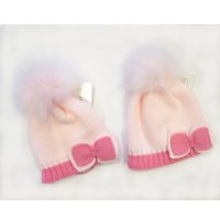 BW-0503-0327P: Baby Girls Pink Cotton Lined Pom-Pom Hat (0-18 Months)