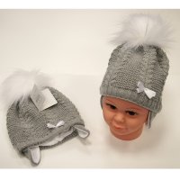 BW-0503-0456G: Baby Girls Pom-Pom Hat with Cotton Lining- Grey (0-18 Months)