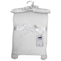 W23984: Baby Knitted Wrap With Sherpa Back and Pom Poms On A Satin Padded Hanger- White