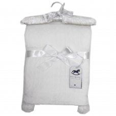 W23984: Baby Knitted Wrap With Sherpa Back and Pom Poms On A Satin Padded Hanger- White