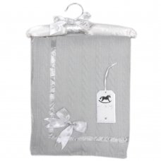 W23987: Baby Knitted Wrap With Sherpa Back and Bow On A Satin Padded Hanger- Grey